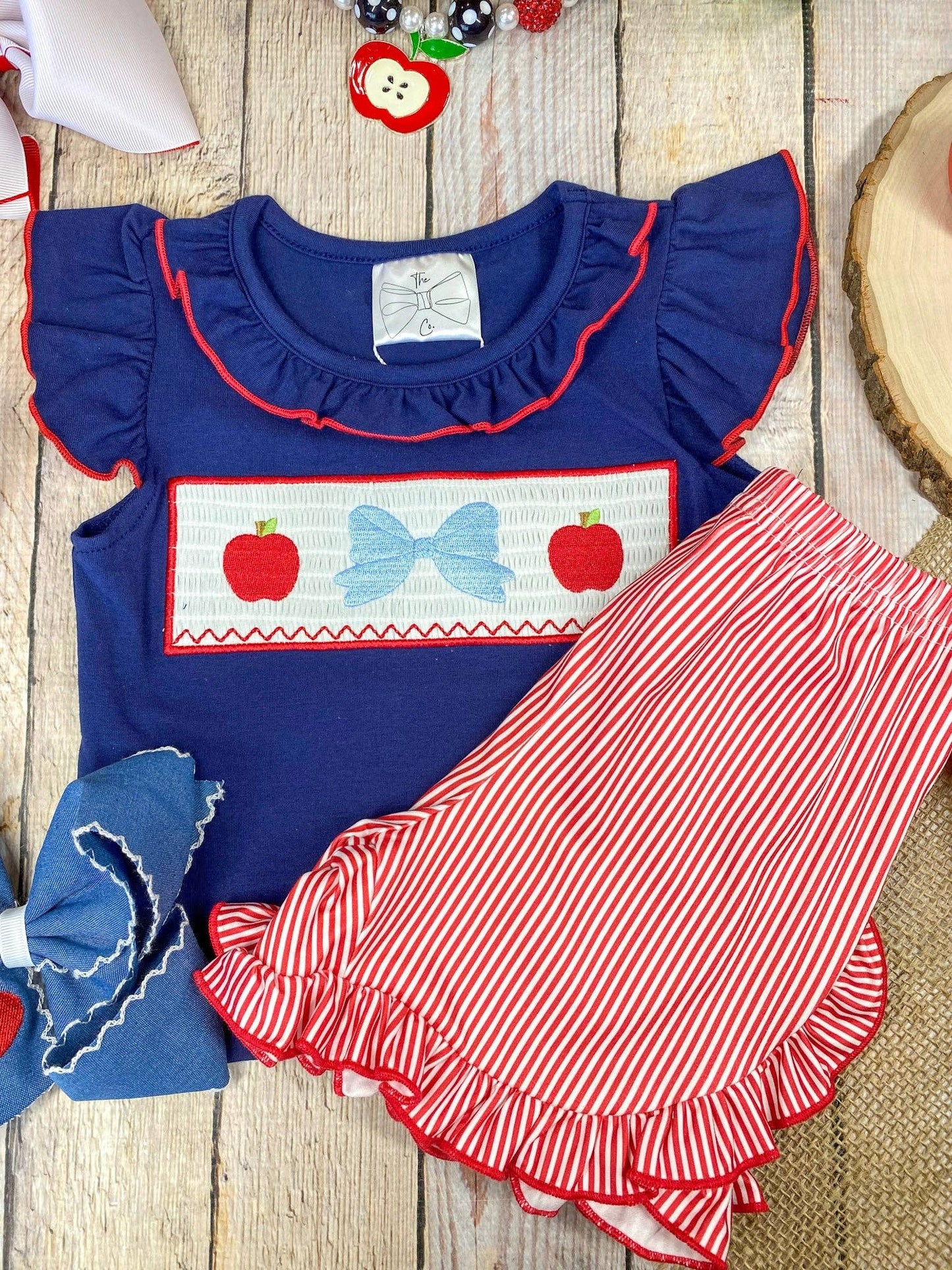 Apple Bow Smocked Top & Stripe Shorts Set | Girls School Outfit: 4T