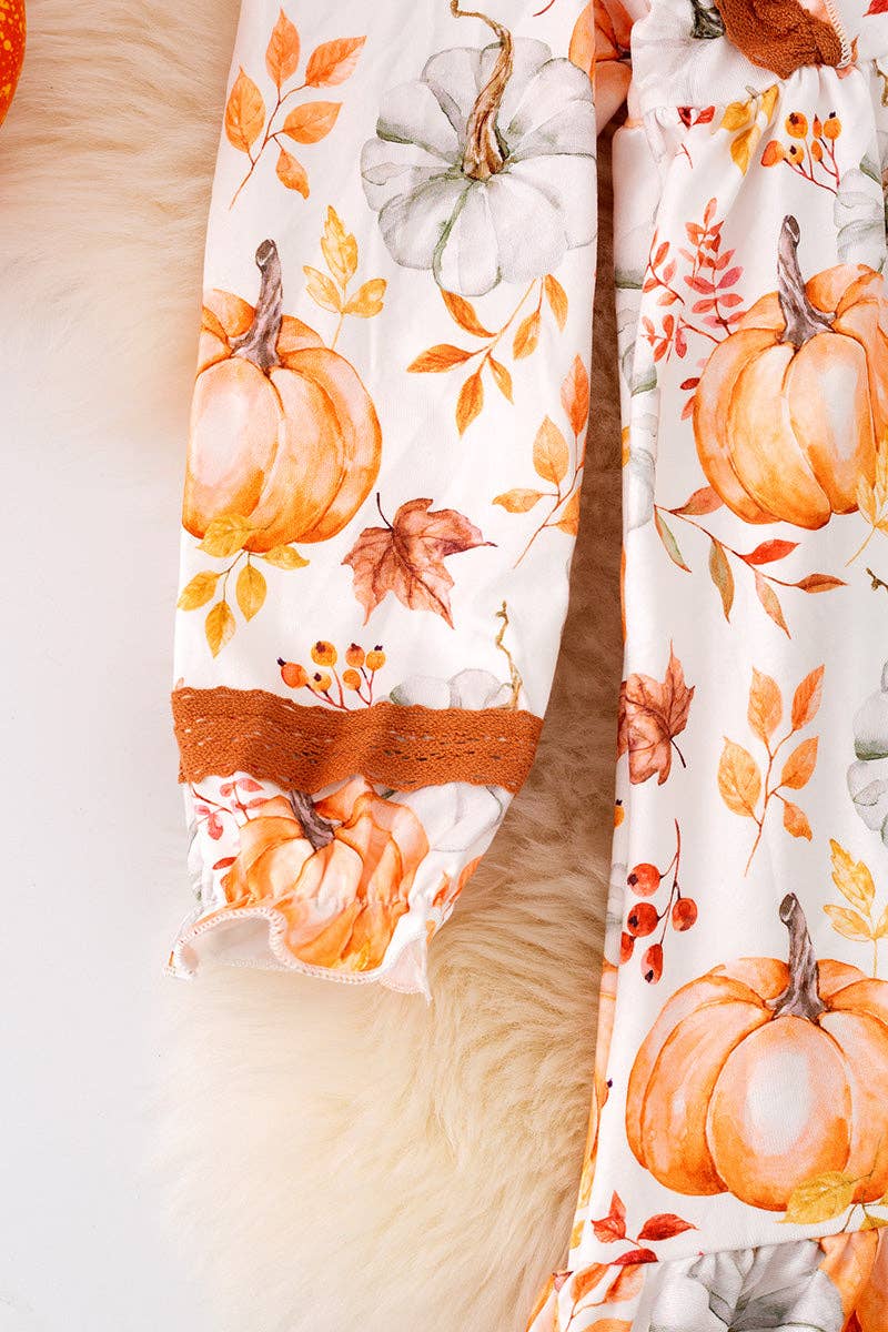 Pumpkin fall printed girls dress with angel sleeve. DRG53050 SOL: