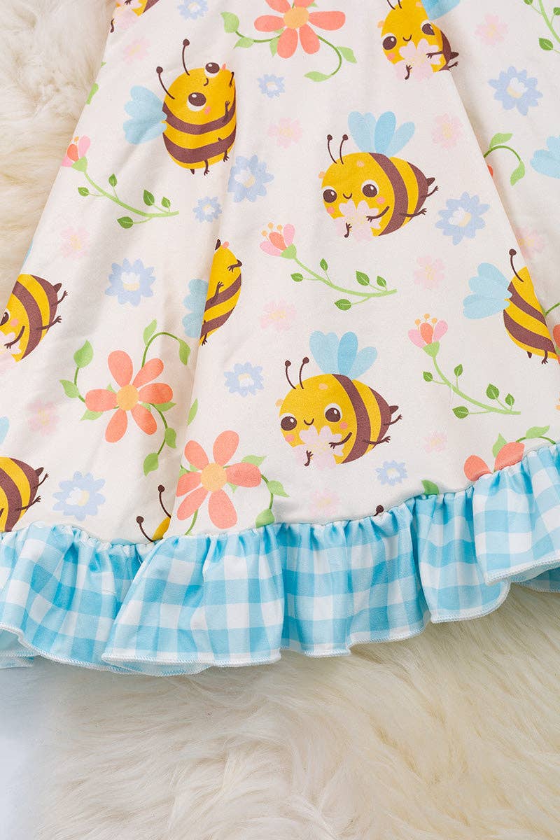 Bee & gingham printed girls dress with ruffle hem. DRG25114013 JEAN: