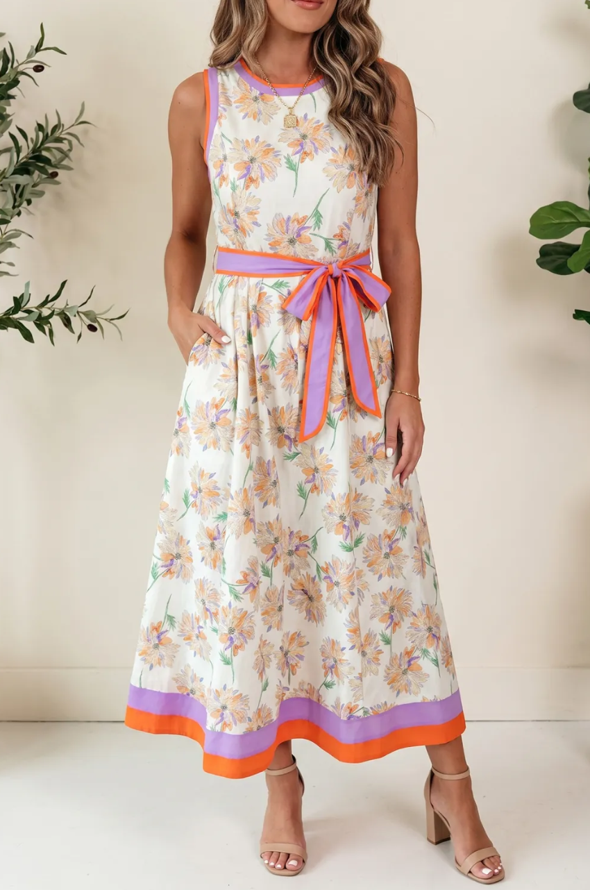 White Floral Print Color Block Trim Belted Sleeveless Maxi Dress