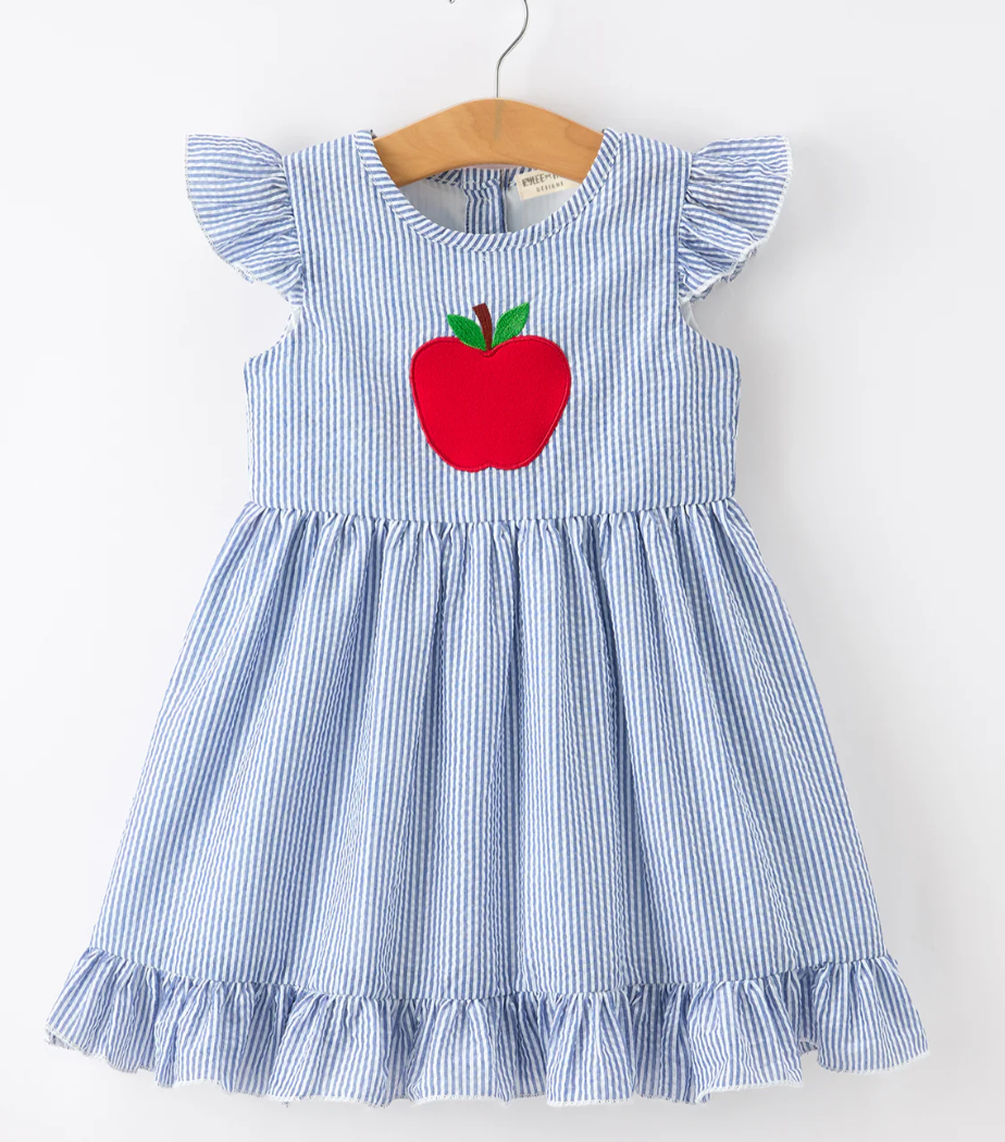 Summer Apple Applique Girls Dress Blue Stripe Ruffle