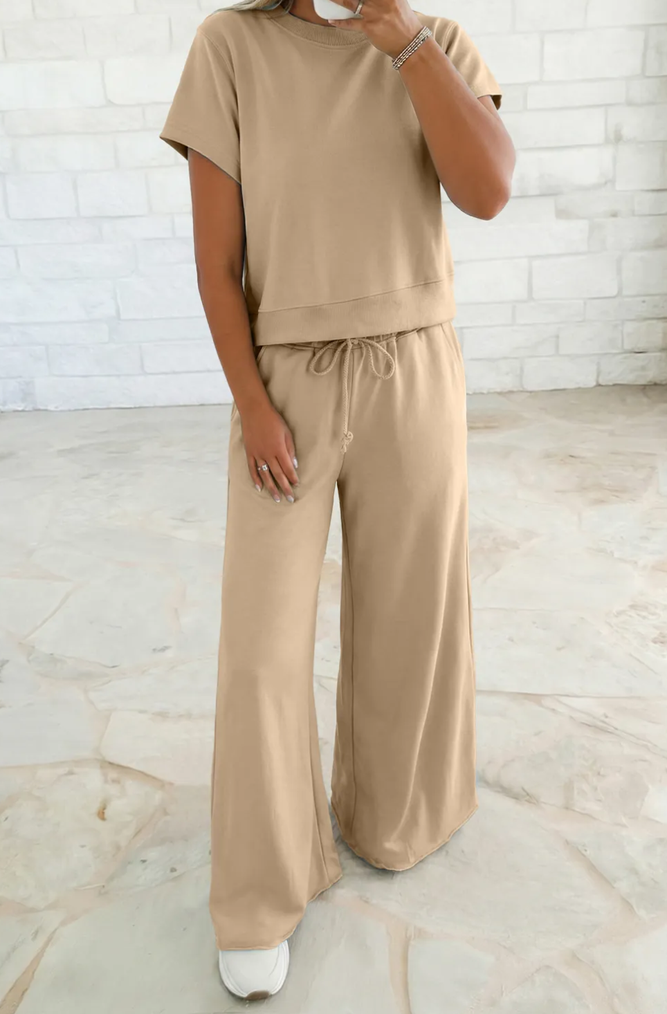 Parchment Solid Color Loose Tee Drawstring Wide Leg Pants
