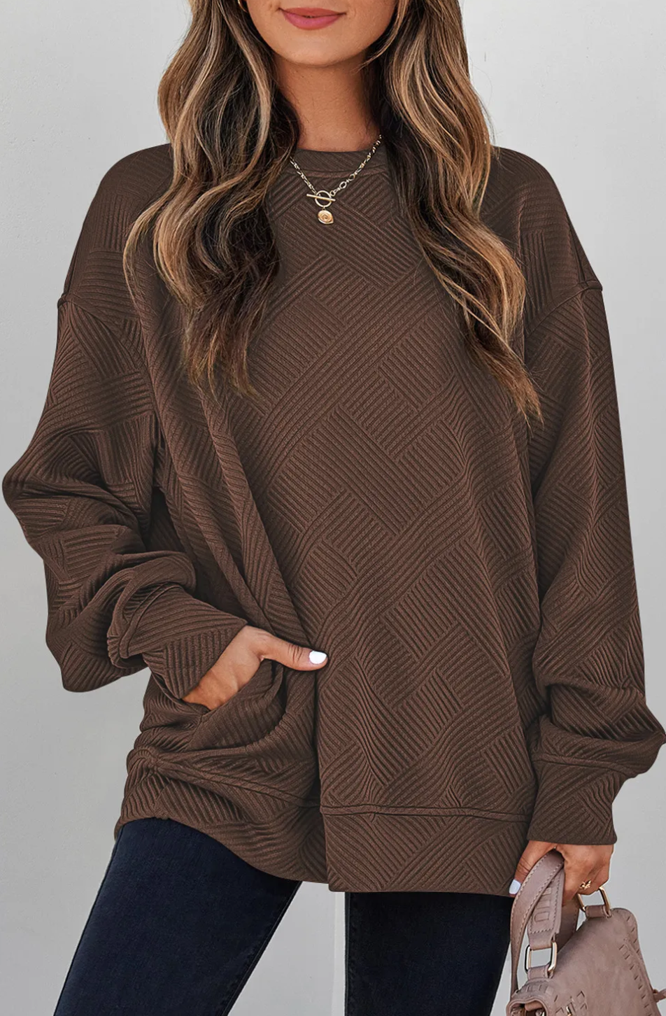 Coffee Solid Color Textured Round Neck Drop Shoulder Pullover Sweatshirt
