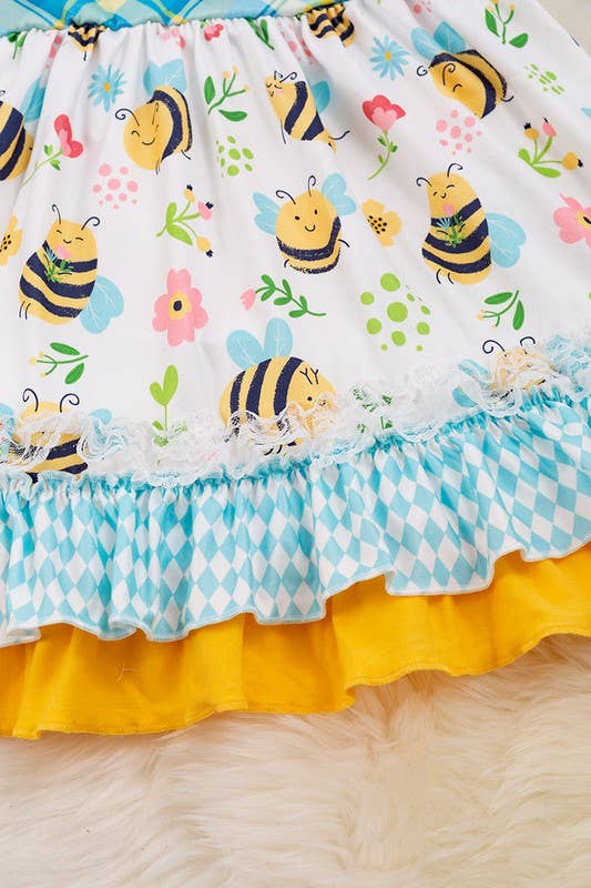 Plaid bee printed girls ruffle hem dress. DRG15134018 JEAN: