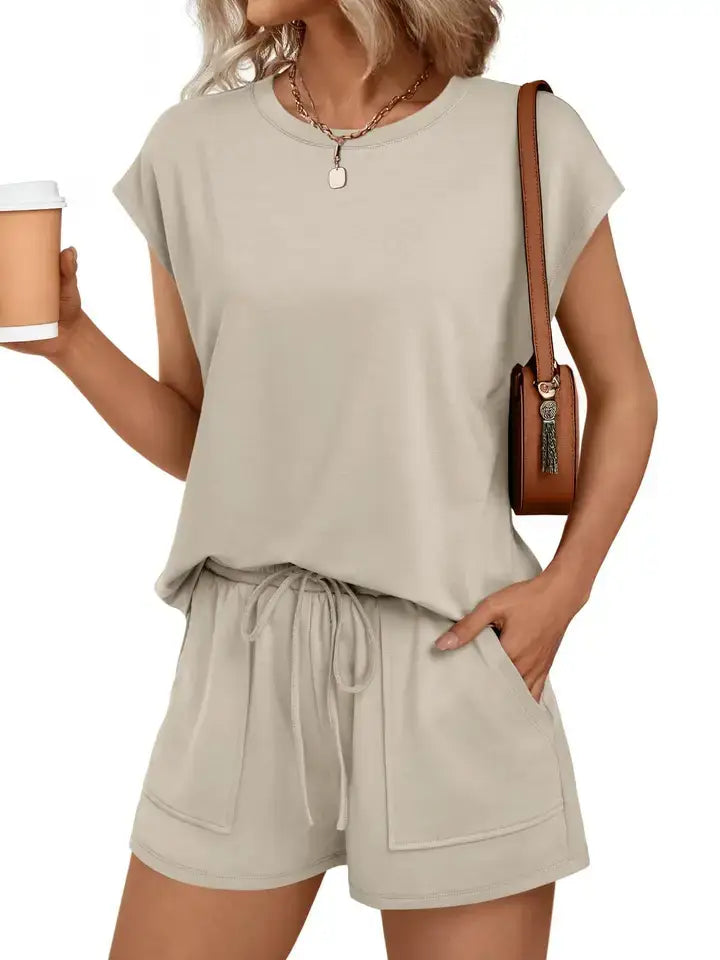 Casual Sleeveless Top and Drawstring Shorts Set: Black