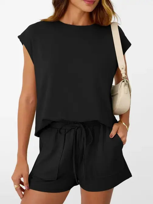Casual Sleeveless Top and Drawstring Shorts Set: Black
