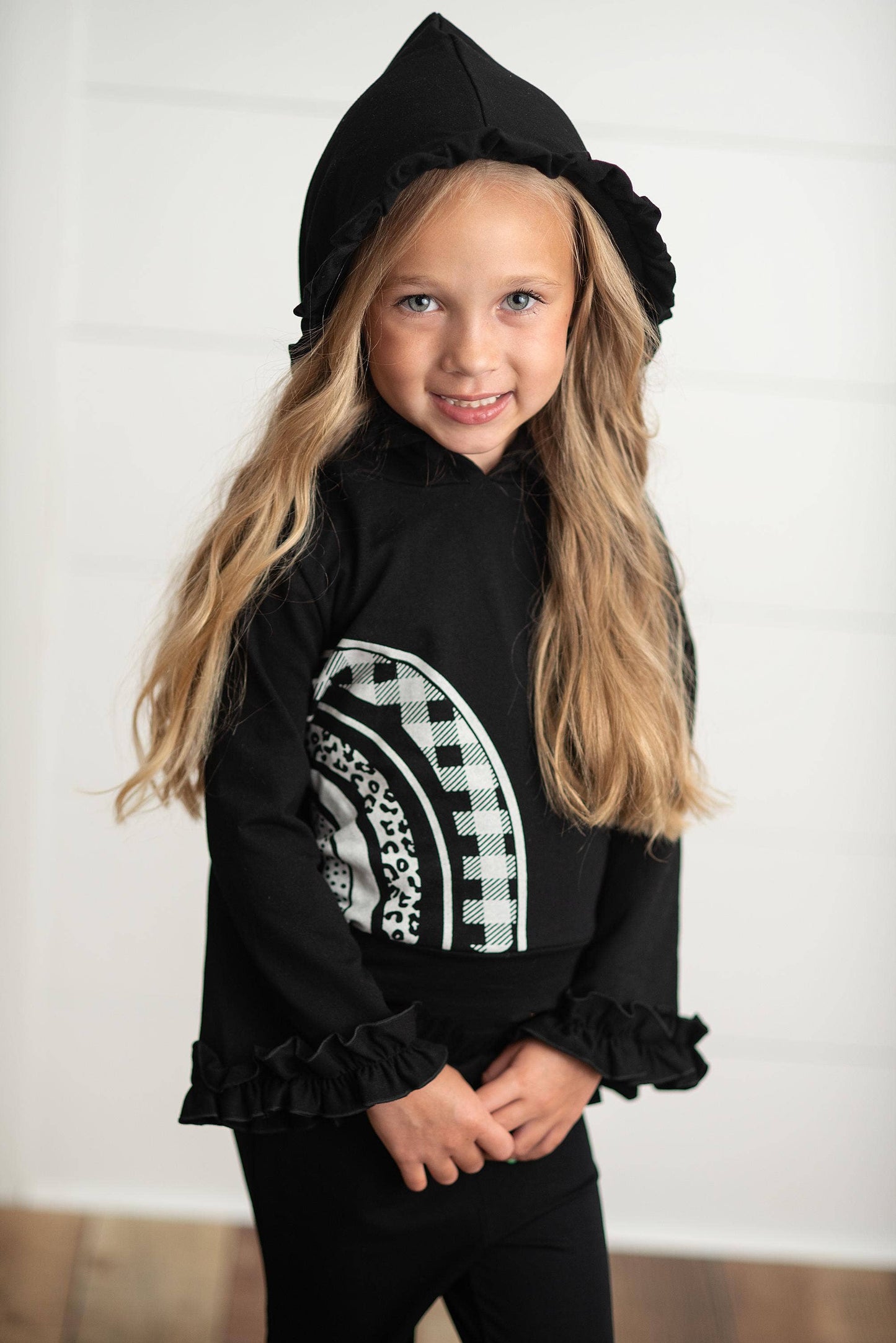 Kids Black & White Rainbow Check Hooded Ruffle Pocket Set