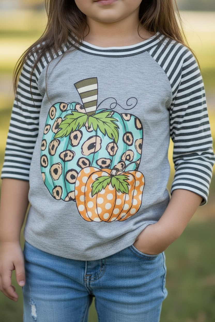 Gray pumpkin printed top with 3/4 sleeves. SY-DLH4046K: