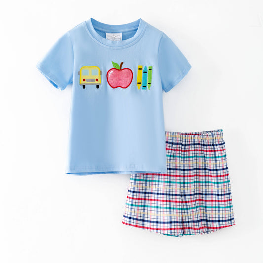 School Days Appliqué Tee & Plaid Shorts Set | Boys Back to School Outfit: 6y