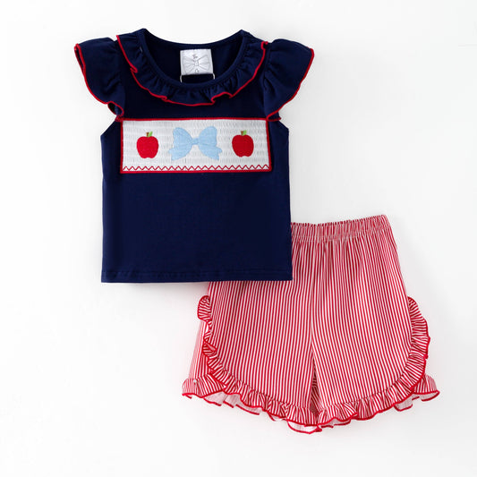 Apple Bow Smocked Top & Stripe Shorts Set | Girls School Outfit: 4T