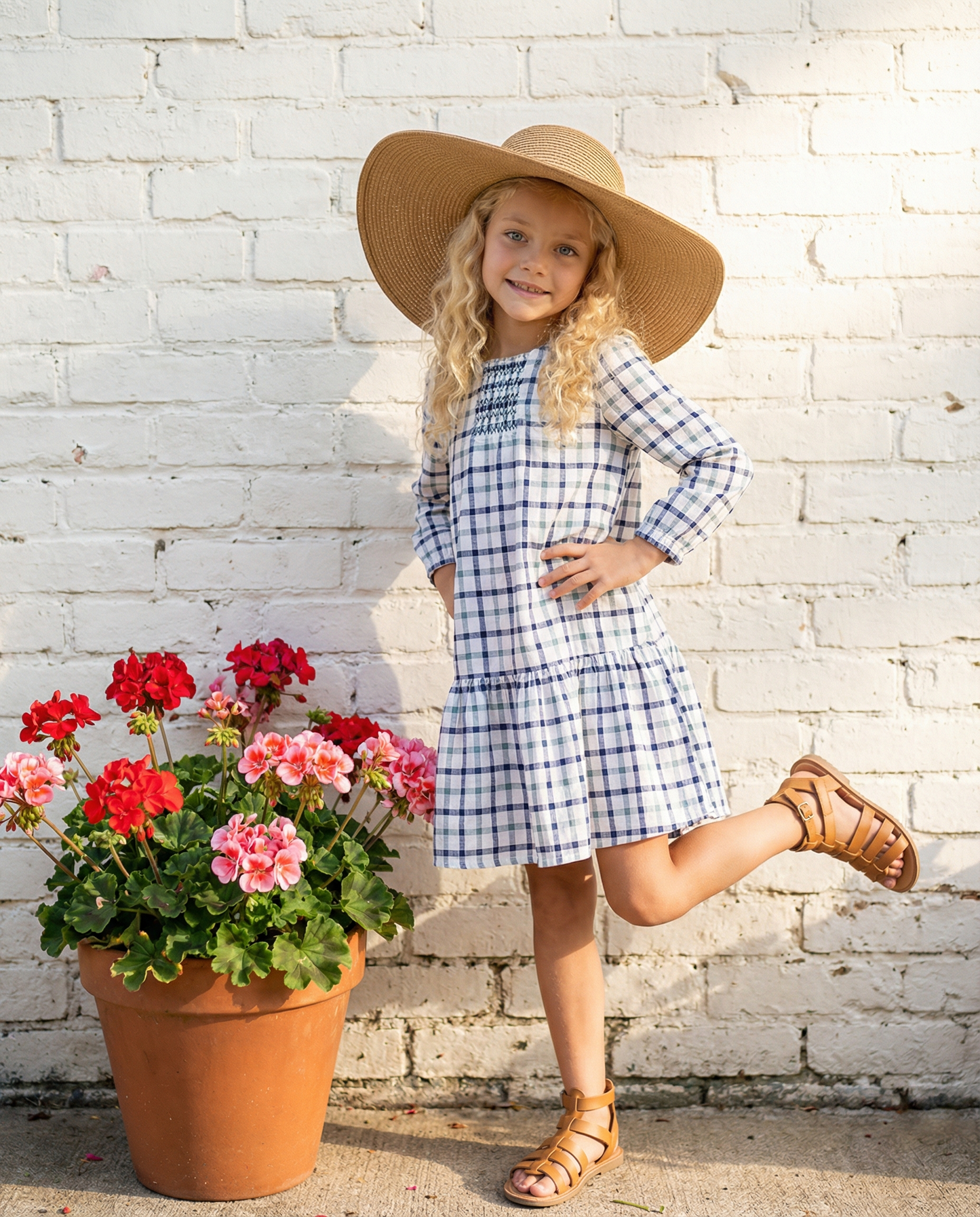 Girls Navy & White Plaid Smocked Ruffle Spring Dress: 5/6
