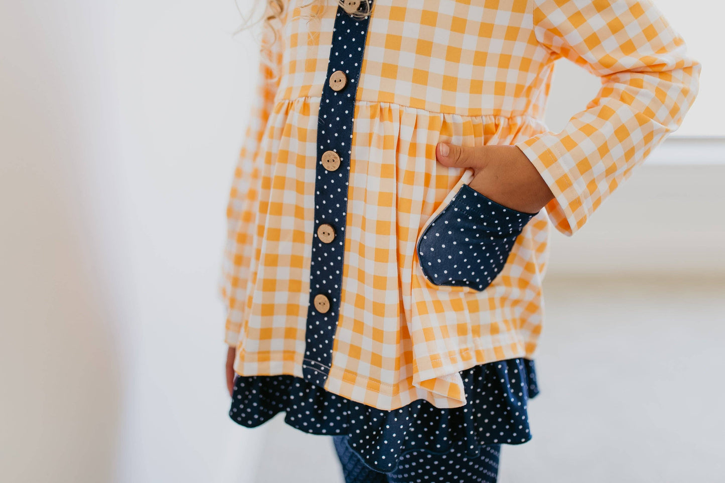 Kids Navy & Mustard Gingham Check Button Pocket Pant Set: 3/4