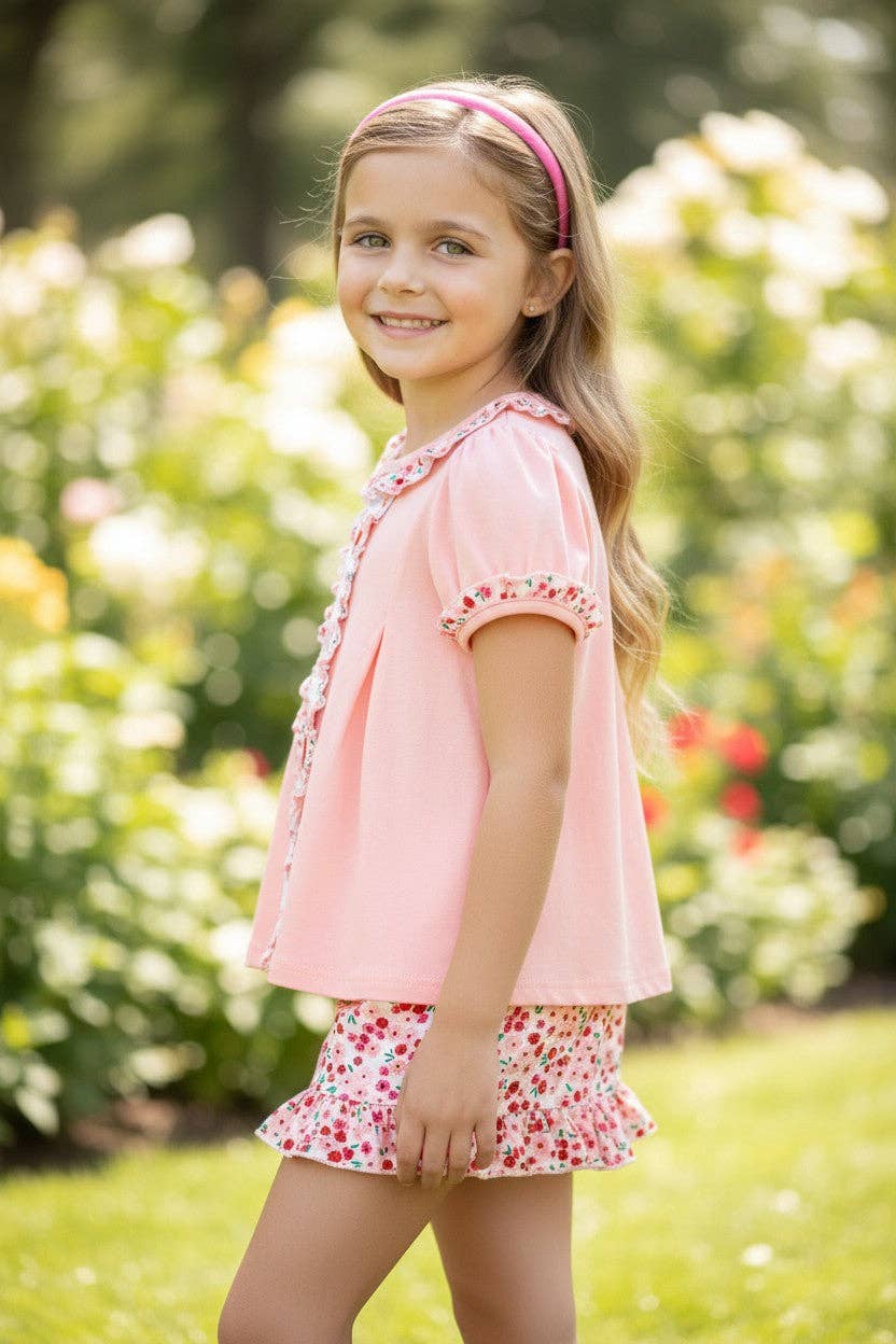 Lt. Coral w/embroidered apples & bows tunic & floral shorts.