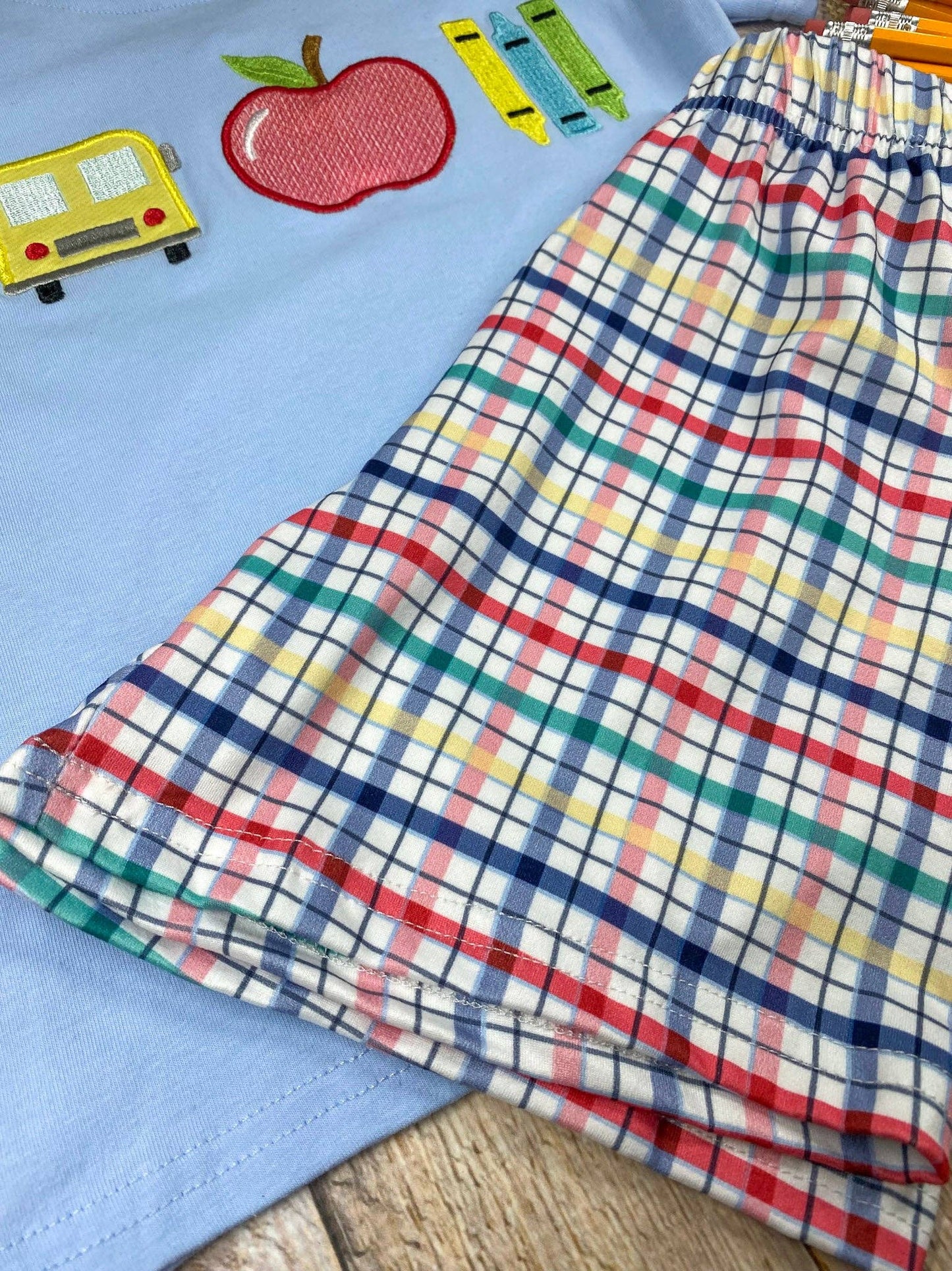 School Days Appliqué Tee & Plaid Shorts Set | Boys Back to School Outfit: 6y