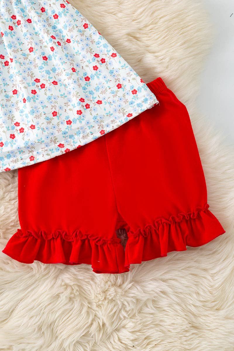 Red apple applique floral tunic & red shorts. OFG60559