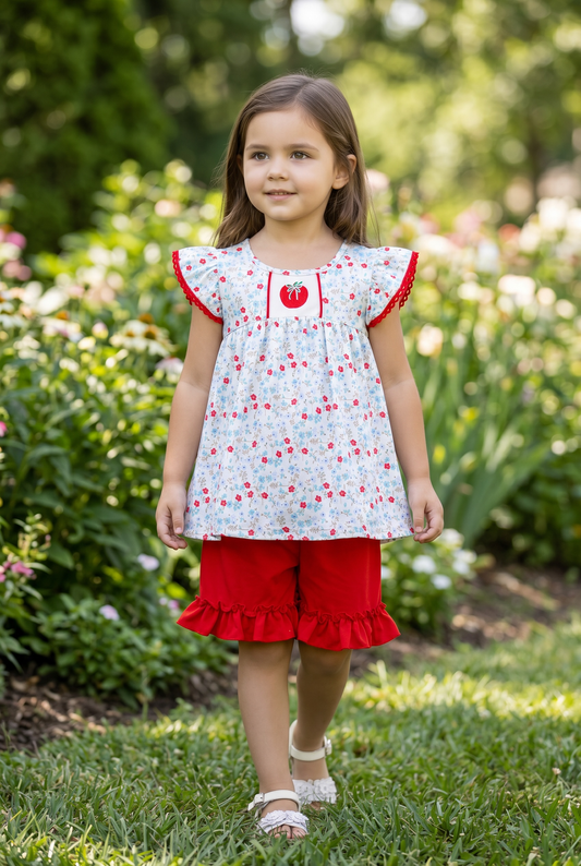 Red apple applique floral tunic & red shorts. OFG60559