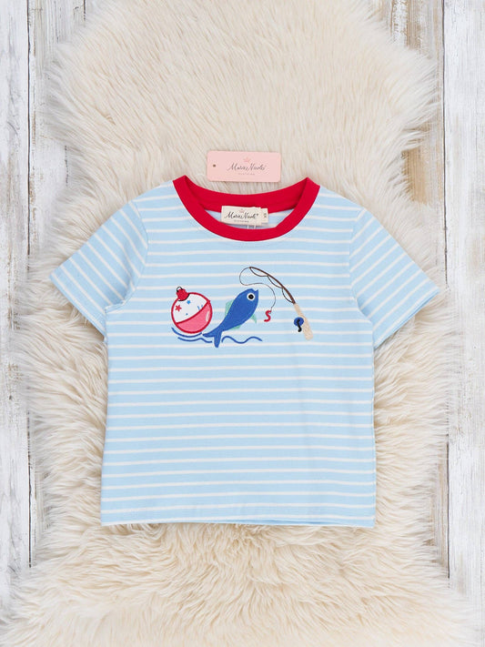 Fishing Fun Embroidered Striped Cotton Shirt:2T