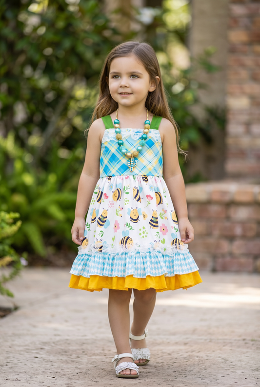Plaid bee printed girls ruffle hem dress. DRG15134018 JEAN: