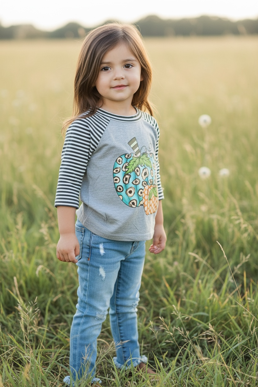 Gray pumpkin printed top with 3/4 sleeves. SY-DLH4046K: