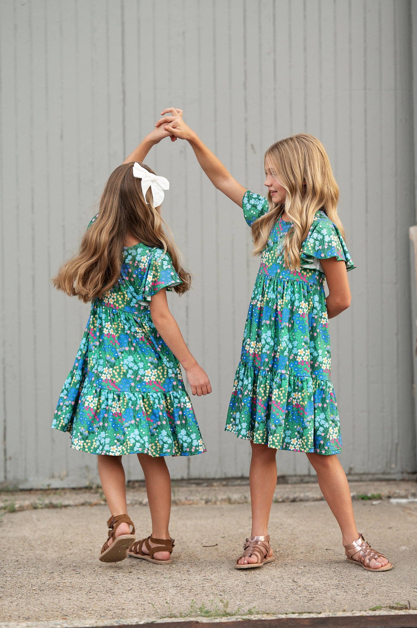 Kids Emmy Green Floral Flutter Sleeve Twirl Spring Dress