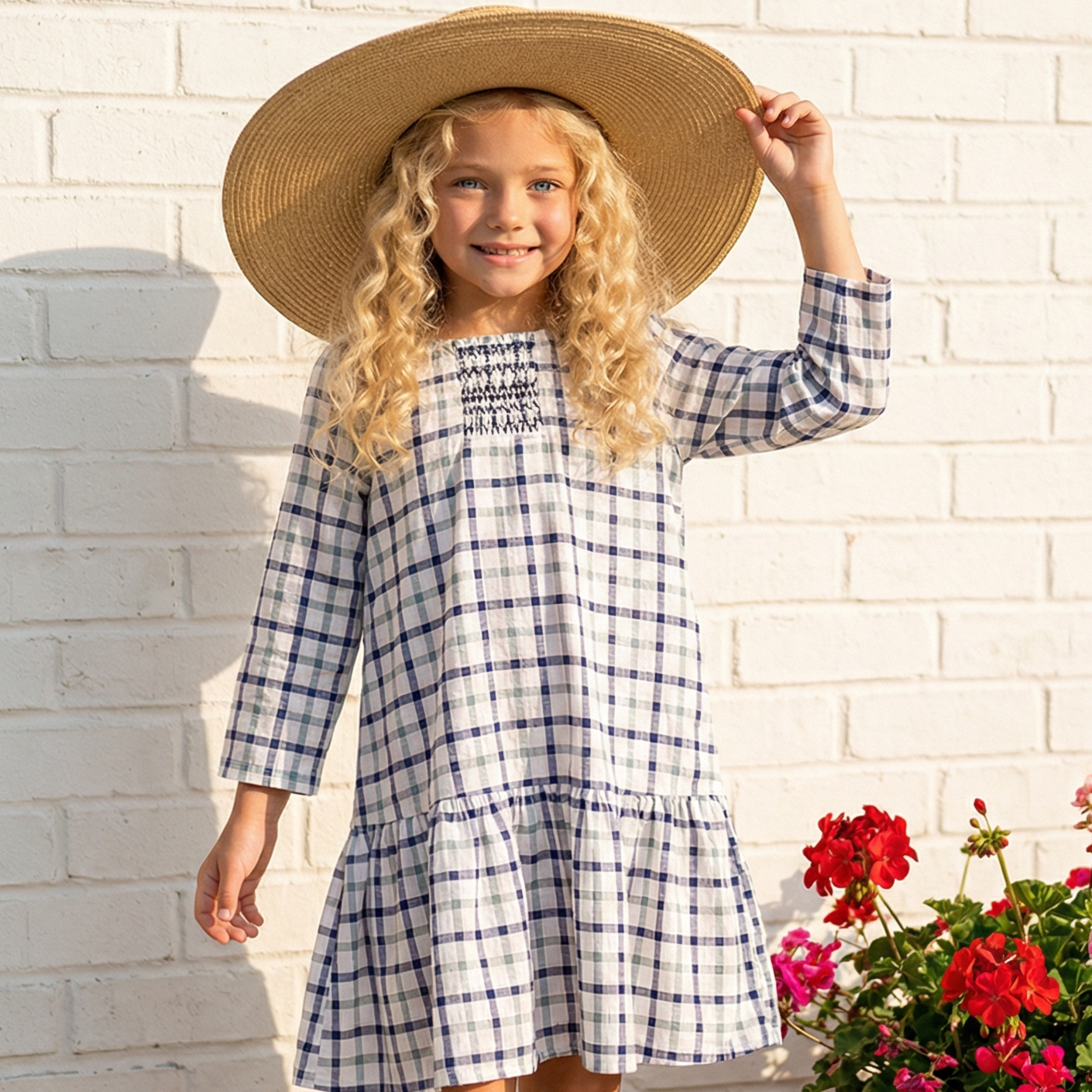 Girls Navy & White Plaid Smocked Ruffle Spring Dress: 3/4