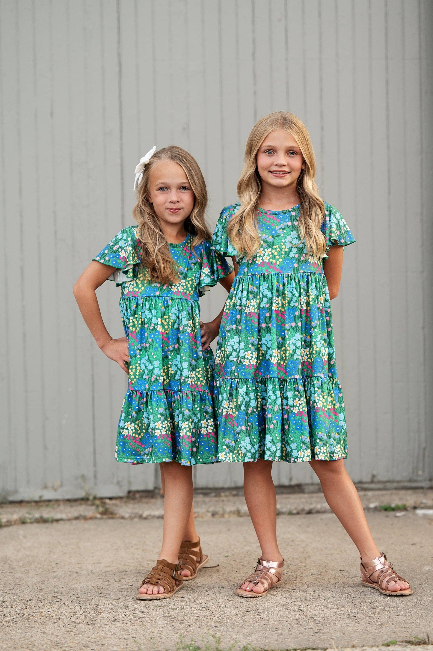 Kids Emmy Green Floral Flutter Sleeve Twirl Spring Dress