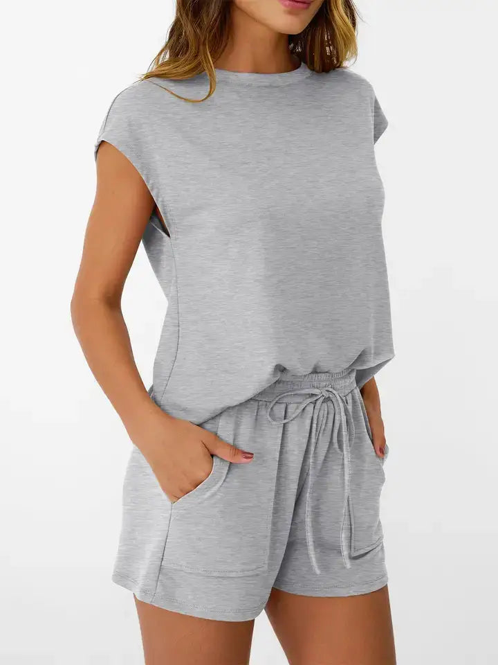 Casual Sleeveless Top and Drawstring Shorts Set: Black