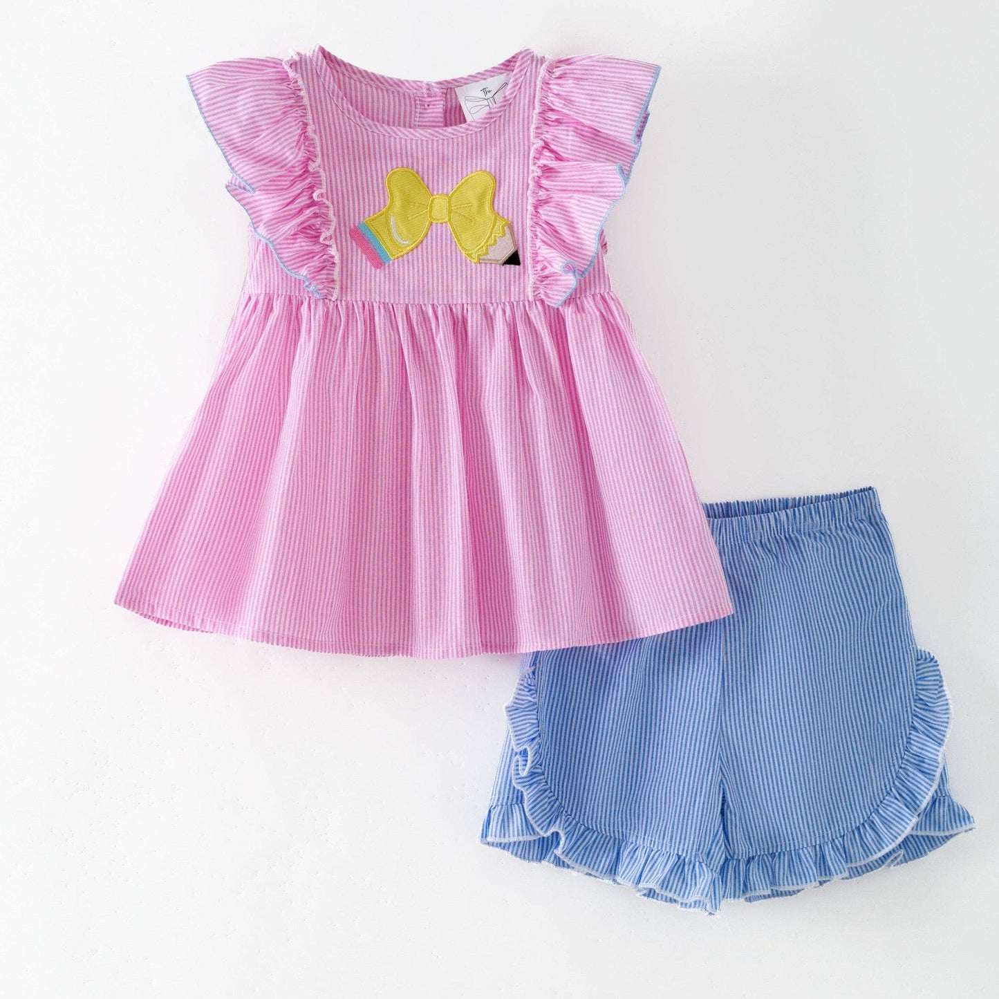 Pencil Bow Flutter Top & Ruffle Shorts Set | Girls School Outfit: 4T