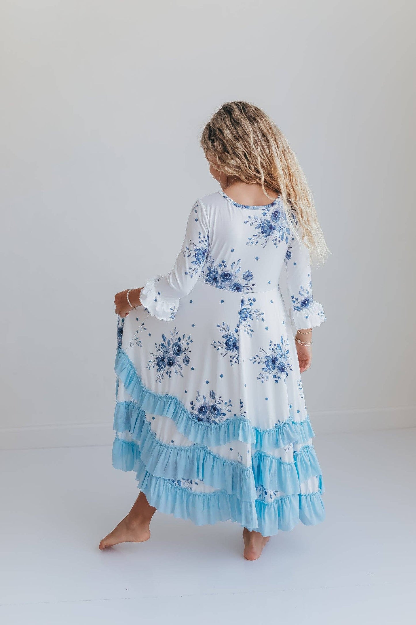 Girls Dusty Blue Winter Floral Long Sleeve Ruffles Dress: 7/8