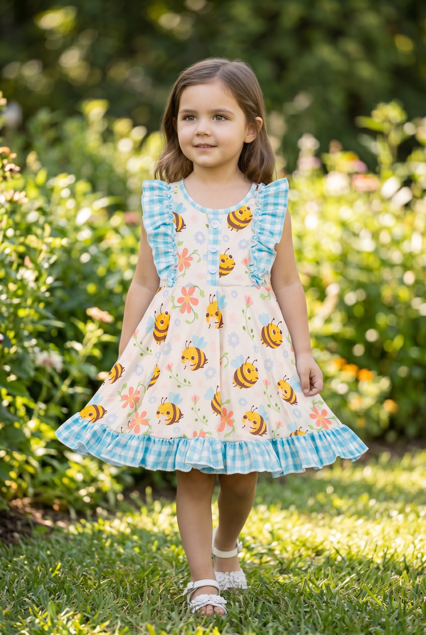 Bee & gingham printed girls dress with ruffle hem. DRG25114013 JEAN: