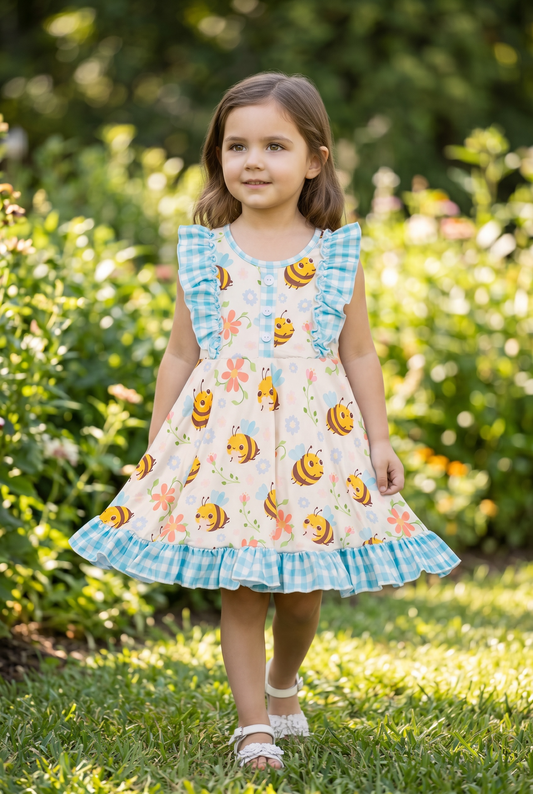 Bee & gingham printed girls dress with ruffle hem. DRG25114013 JEAN: