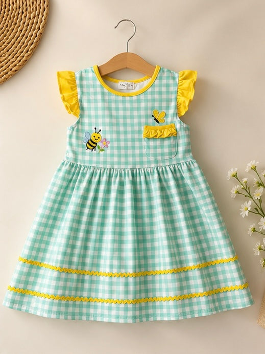 Blue gingham butterfly & bee pocket flutter dress-4 Year