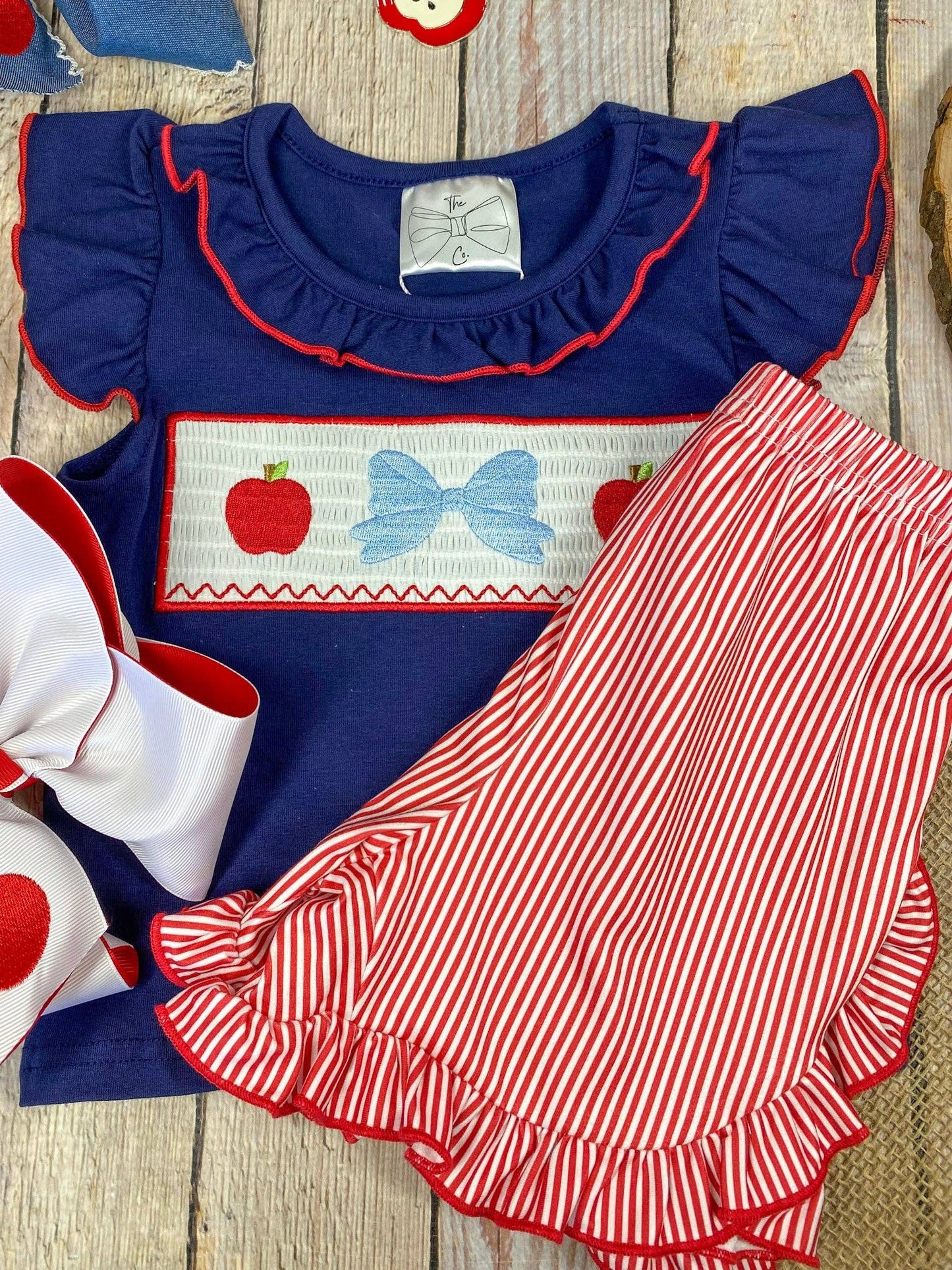 Apple Bow Smocked Top & Stripe Shorts Set | Girls School Outfit: 4T