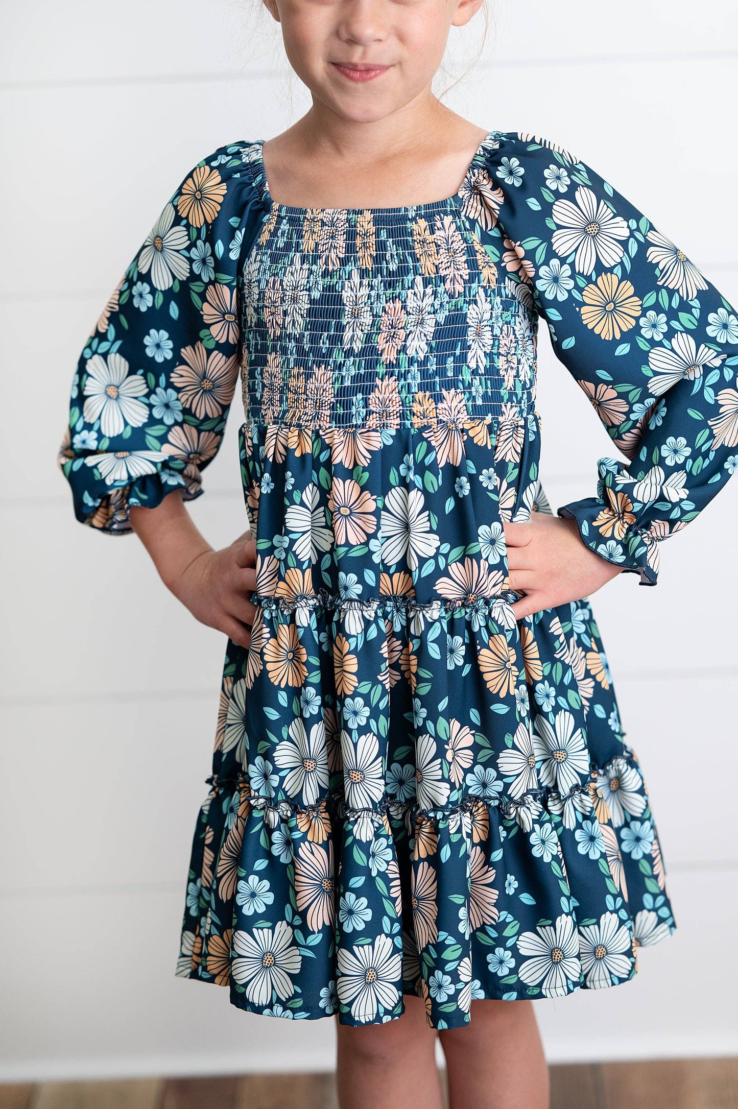 Girls Grace Winter Floral Mommy & Me Matching 3 Tiered Dress: 3/4