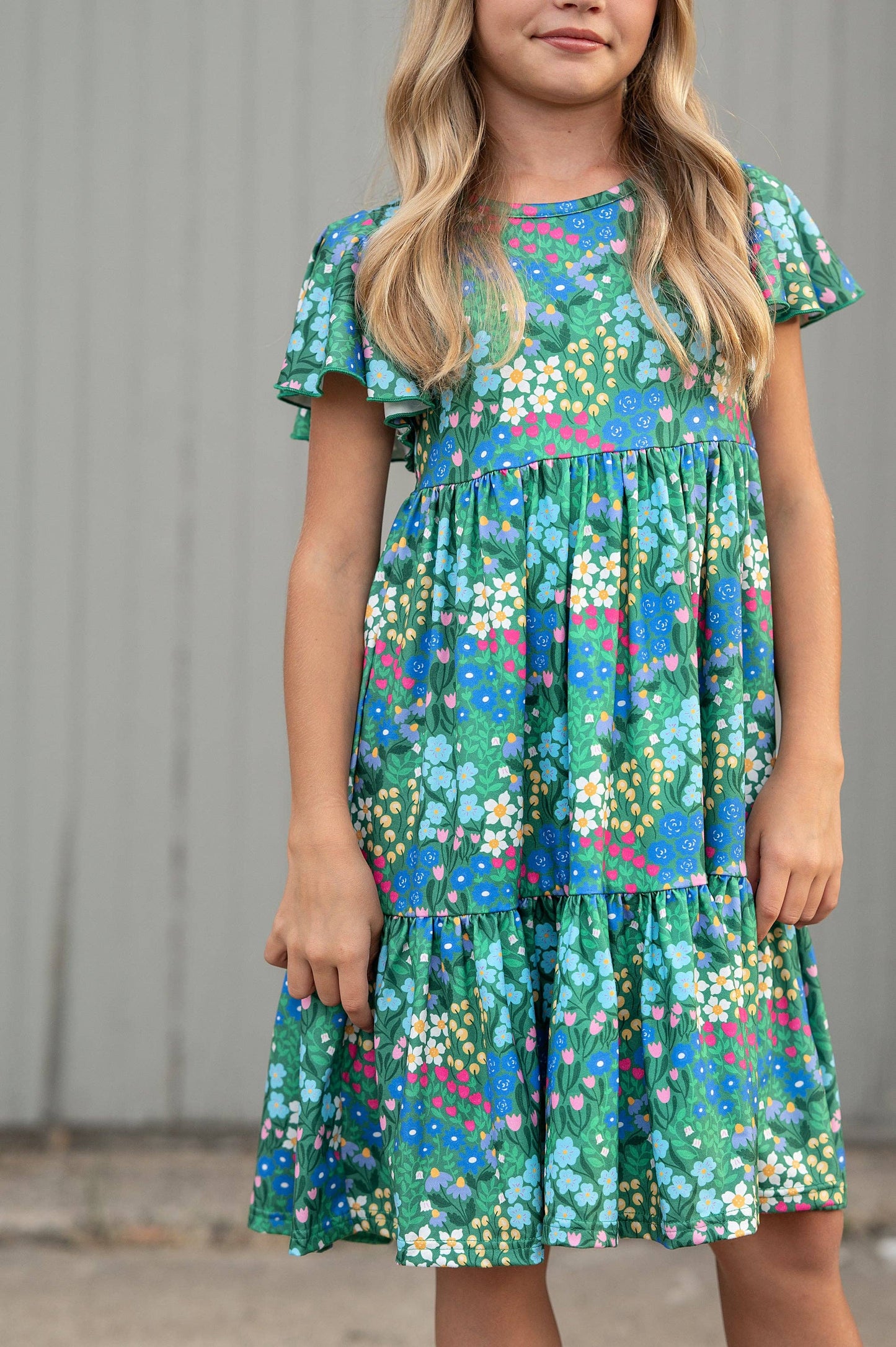 Kids Emmy Green Floral Flutter Sleeve Twirl Spring Dress