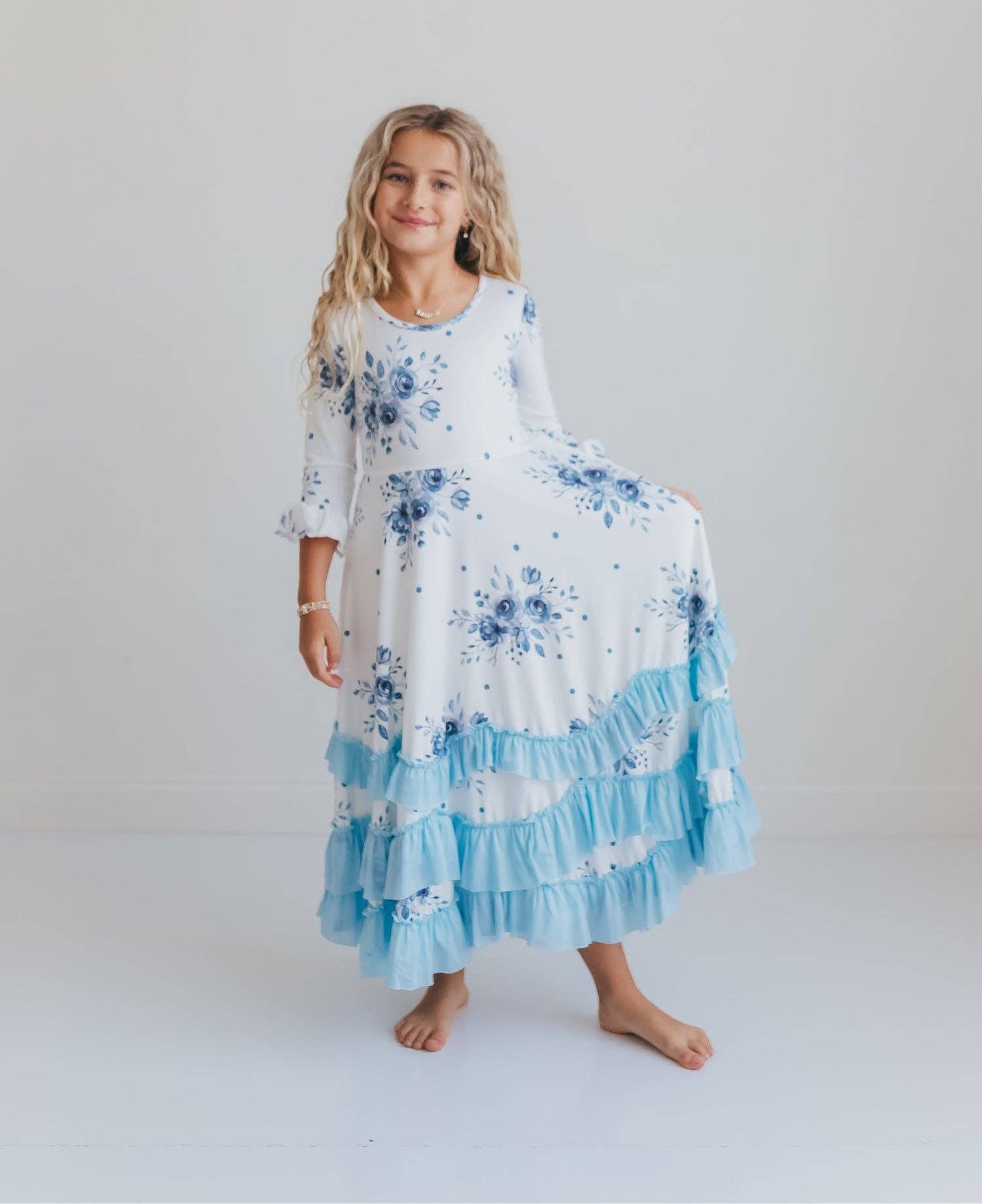 Girls Dusty Blue Winter Floral Long Sleeve Ruffles Dress: 7/8