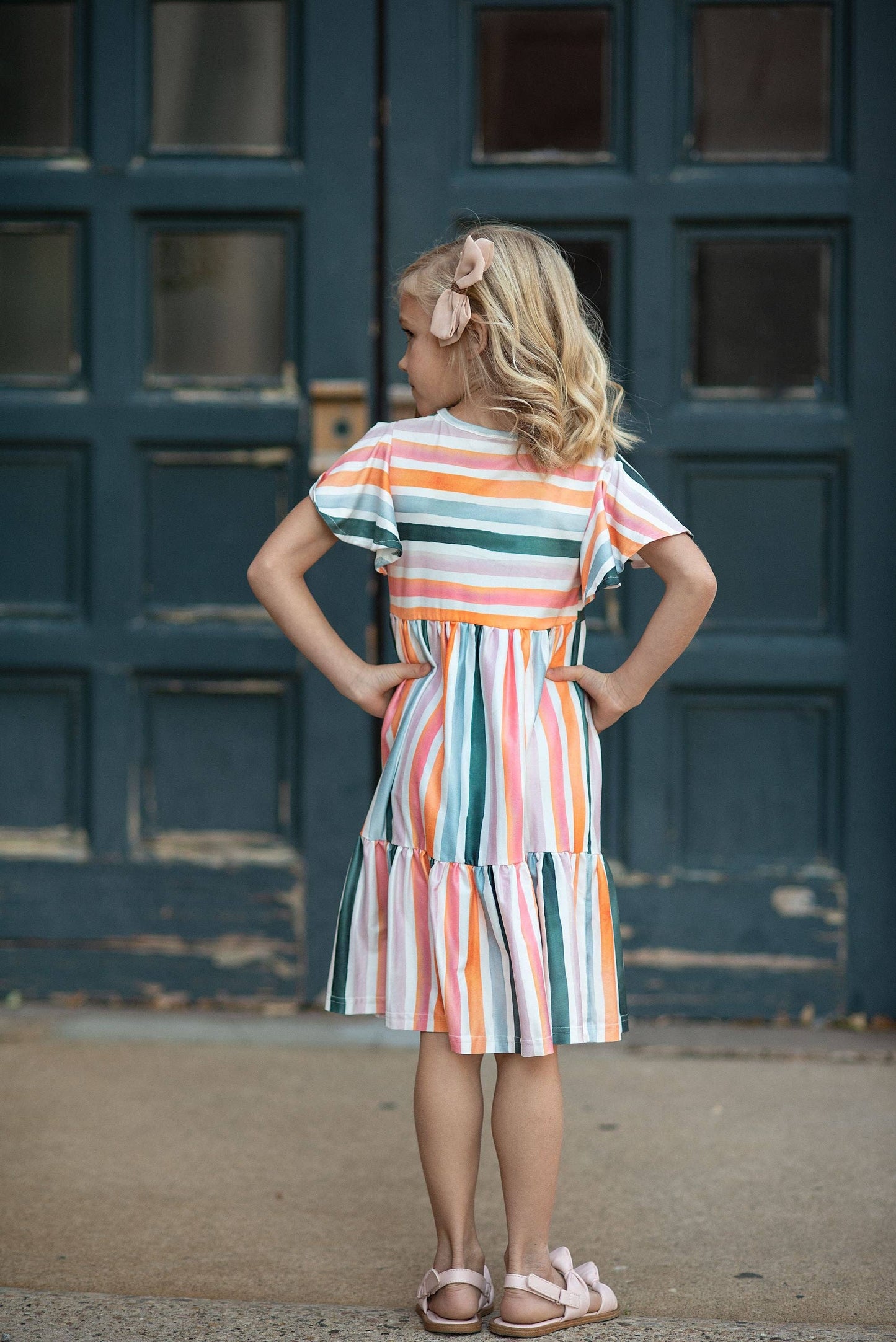Kids Boho Rainbow Stripe Spring Easter Flutter Sleeve Dress: 5/6