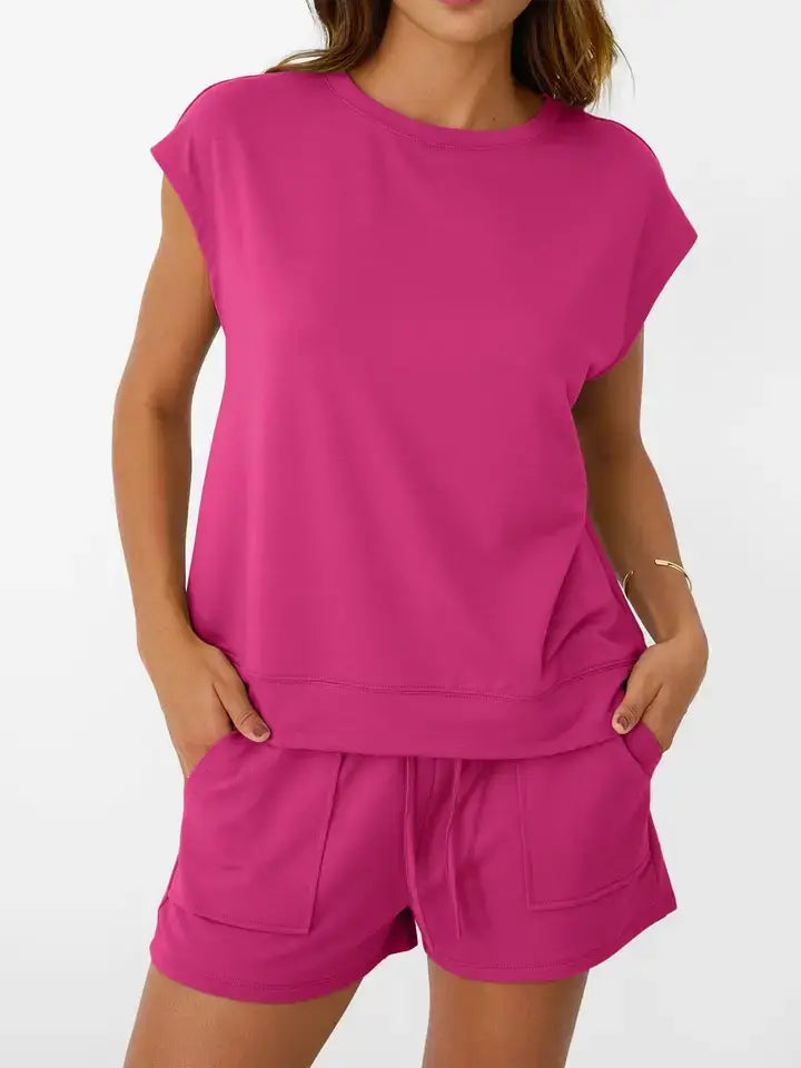 Casual Sleeveless Top and Drawstring Shorts Set: Black