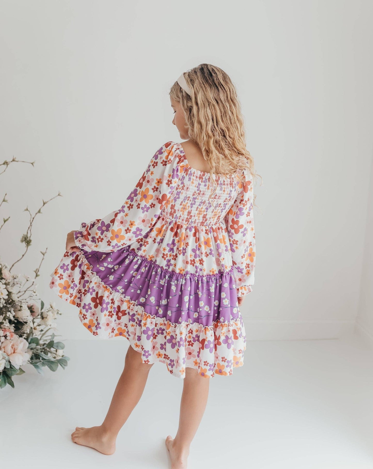 Girls Grace Lavender Flower 3 Tiered Smocked Dress: 3/4