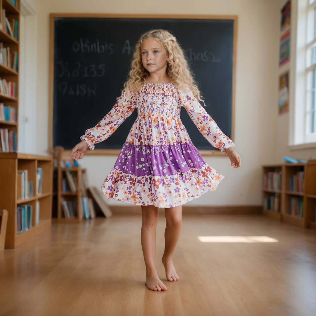 Girls Grace Lavender Flower 3 Tiered Smocked Dress: 3/4