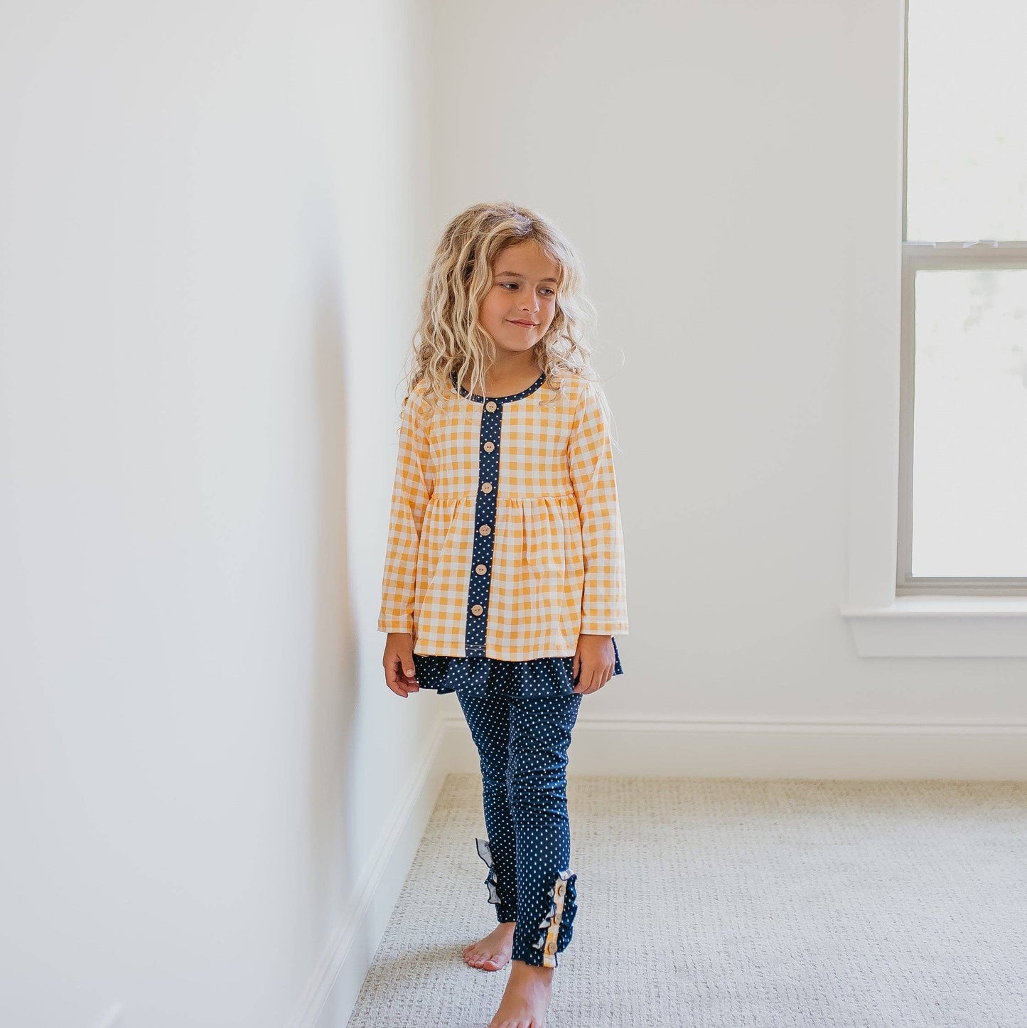 Kids Navy & Mustard Gingham Check Button Pocket Pant Set: 3/4