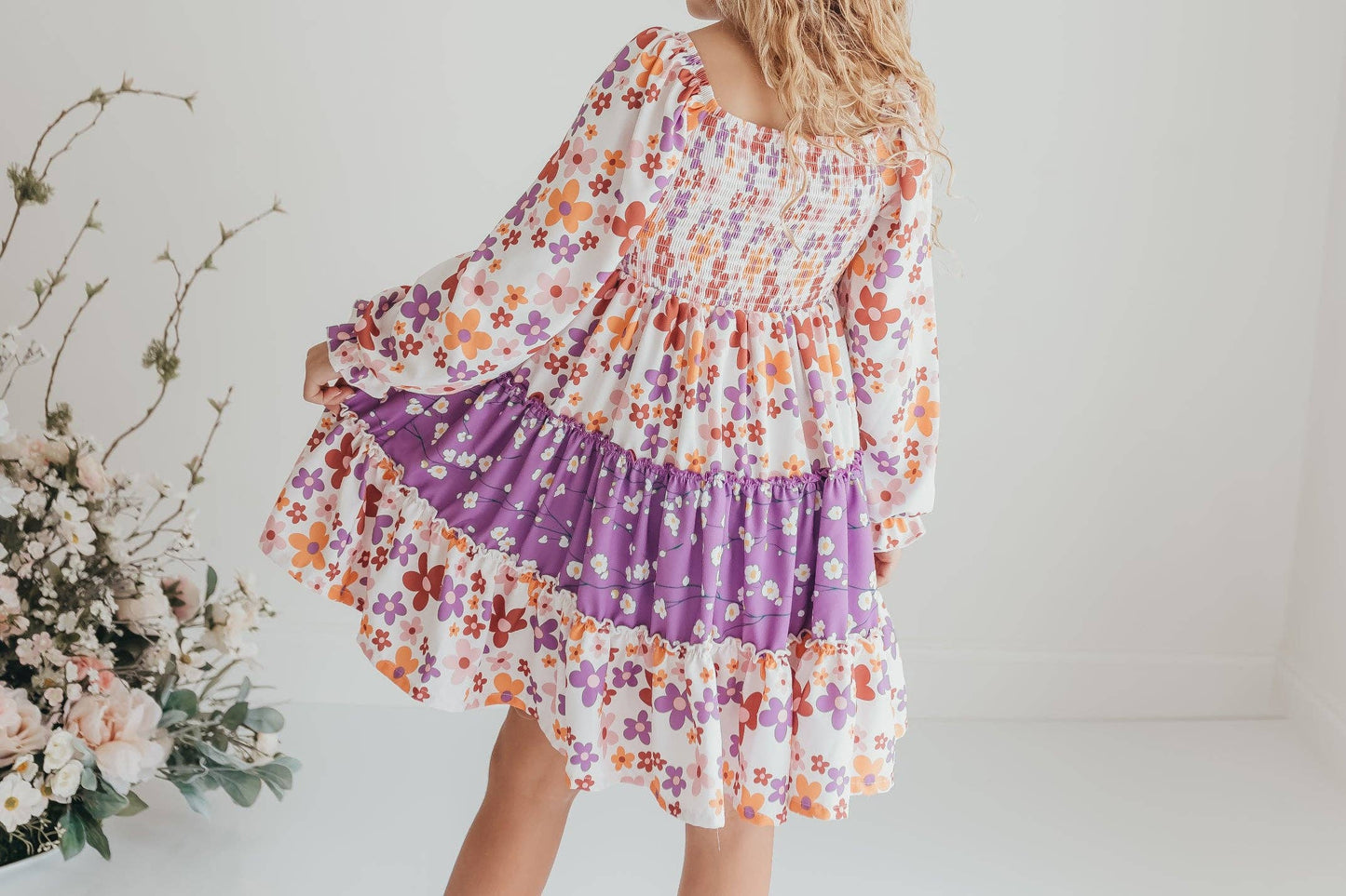 Girls Grace Lavender Flower 3 Tiered Smocked Dress: 7/8