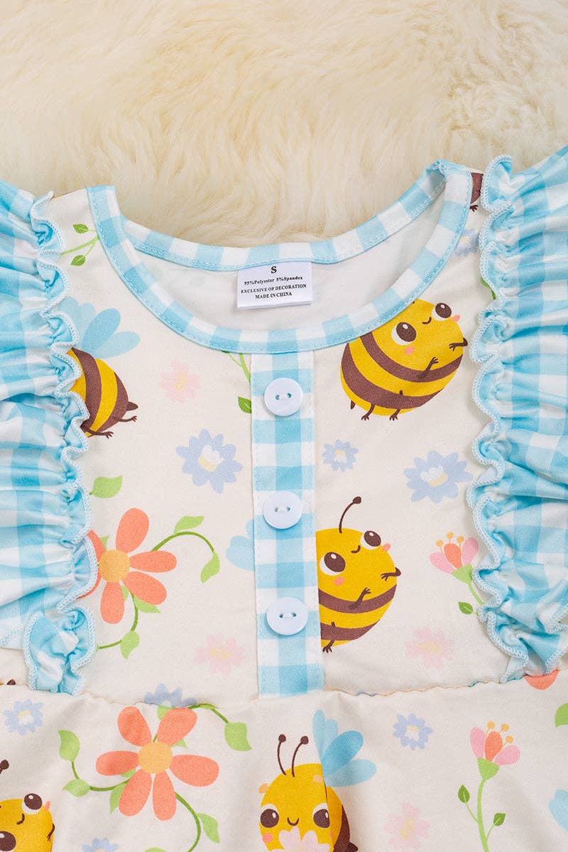 Bee & gingham printed girls dress with ruffle hem. DRG25114013 JEAN: