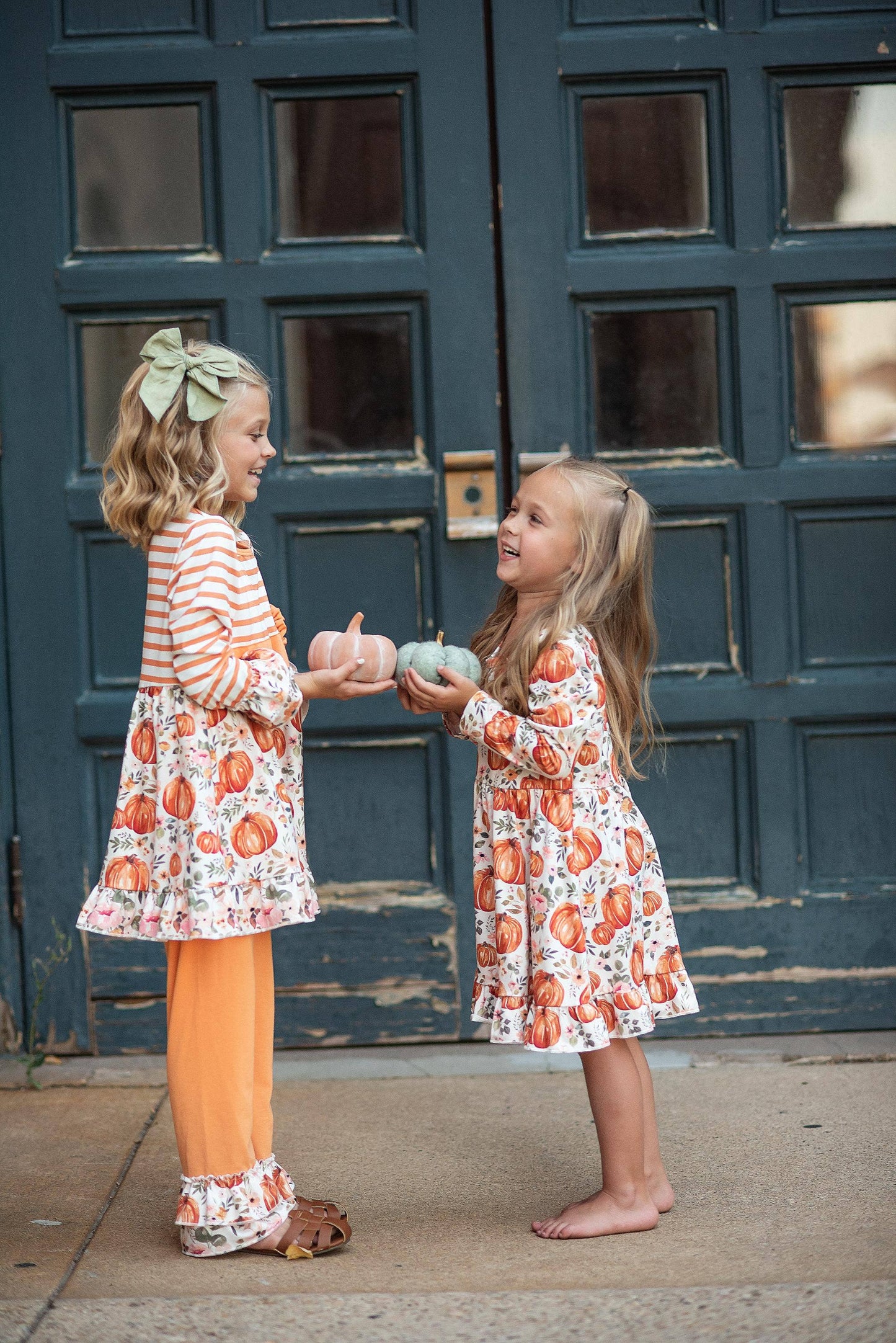 Kids Pumpkin Stripe Ruffle Rosette Two Piece Fall Pant Set