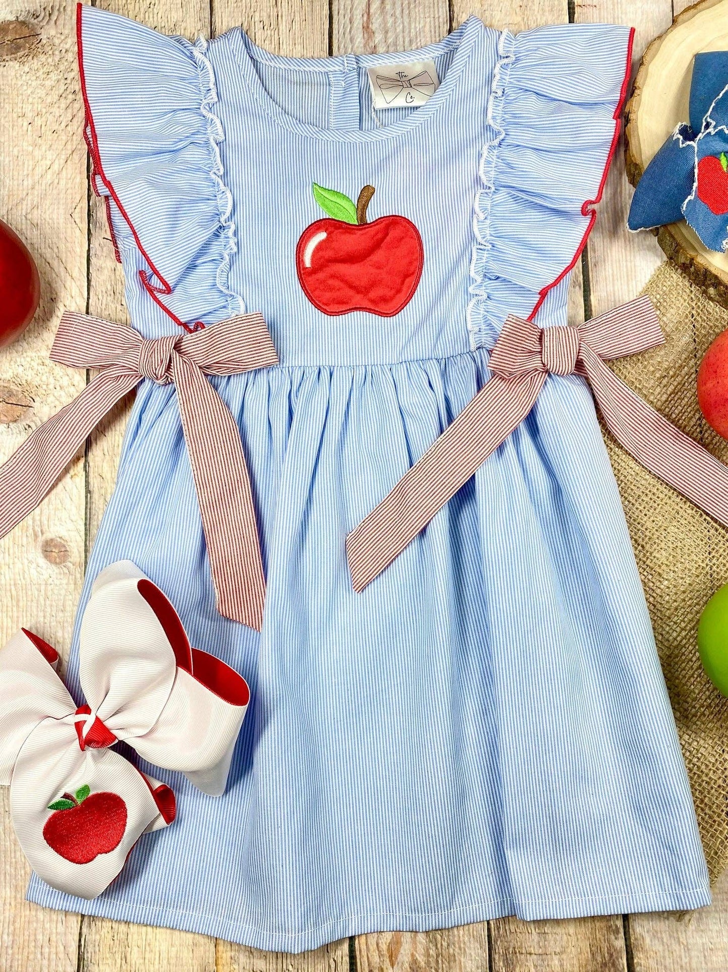 Apple Stripe Tie Applique Dress | Girls Back to School Dress: 5T