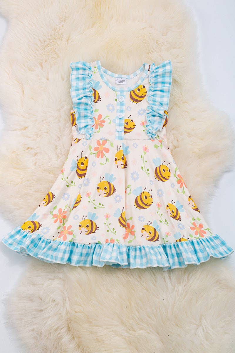 Bee & gingham printed girls dress with ruffle hem. DRG25114013 JEAN: