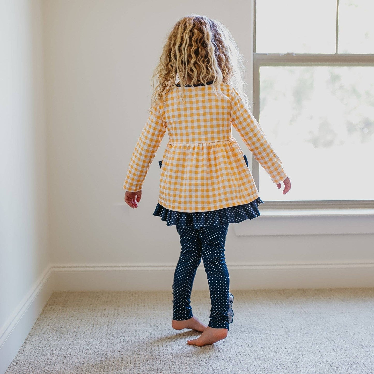 Kids Navy & Mustard Gingham Check Button Pocket Pant Set: 3/4