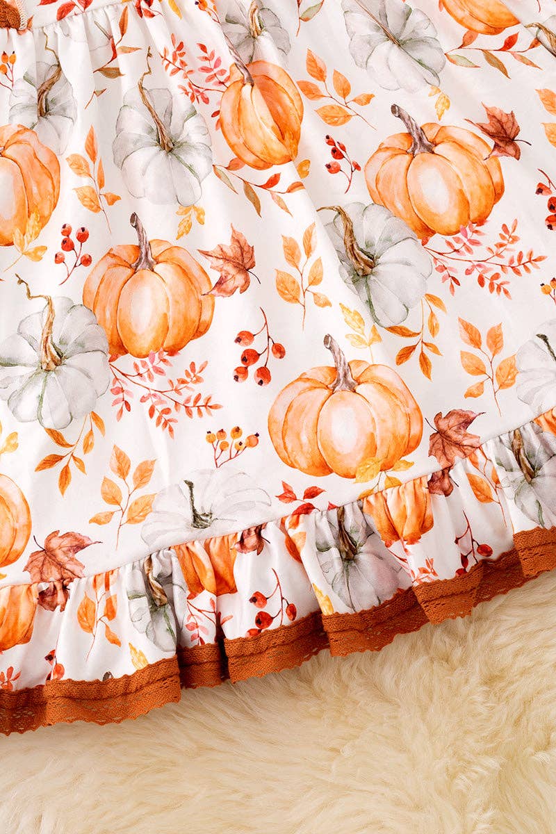 Pumpkin fall printed girls dress with angel sleeve. DRG53050 SOL: