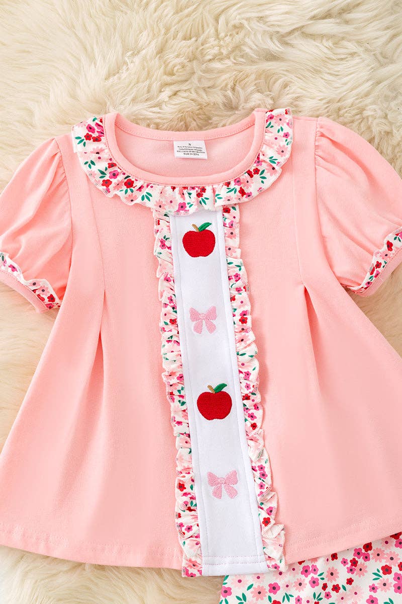 Lt. Coral w/embroidered apples & bows tunic & floral shorts.