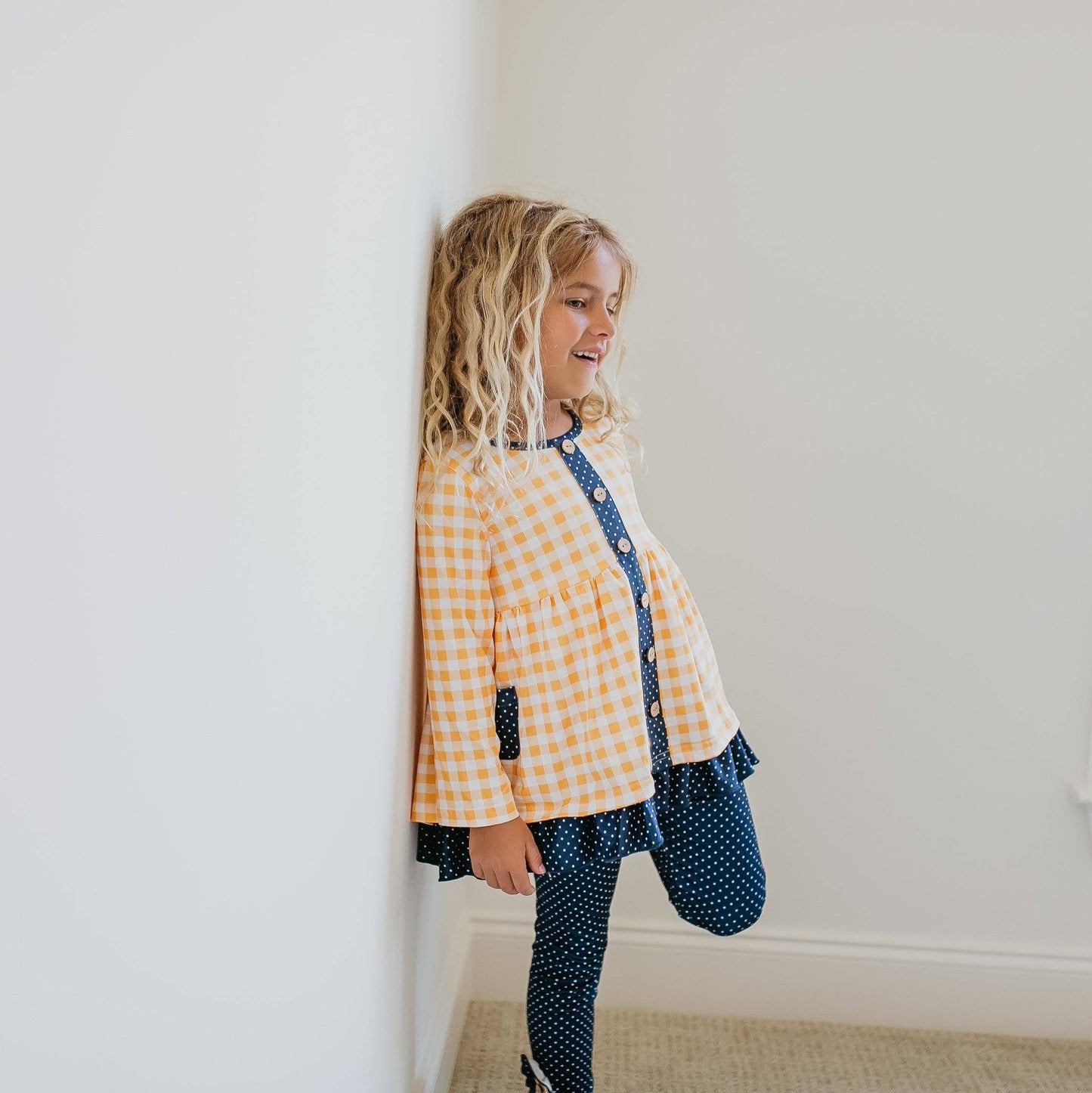 Kids Navy & Mustard Gingham Check Button Pocket Pant Set: 3/4